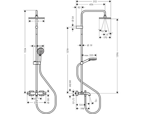 Technische Zeichnung eines Duschpaneels mit Maßangaben.