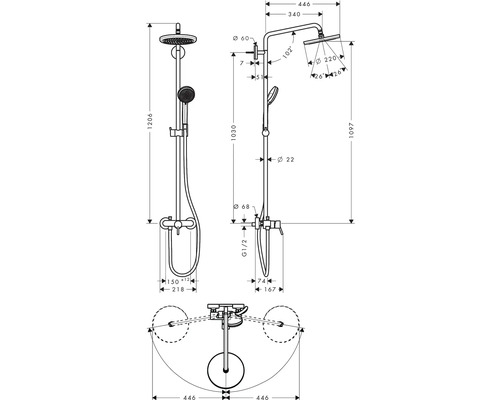 Technische Zeichnung einer Duschgarnitur mit Maßen