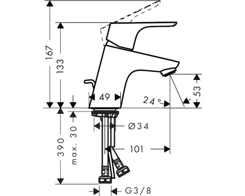 Technische Zeichnung einer Armatur mit Maßangaben