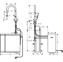 Maßzeichnung einer Küchenarmatur mit Boiler und den dazugehörigen Maßen.