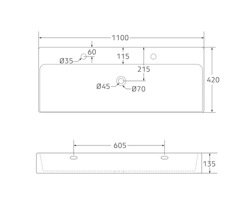 Technische Zeichnung eines Waschtisches mit Maßangaben