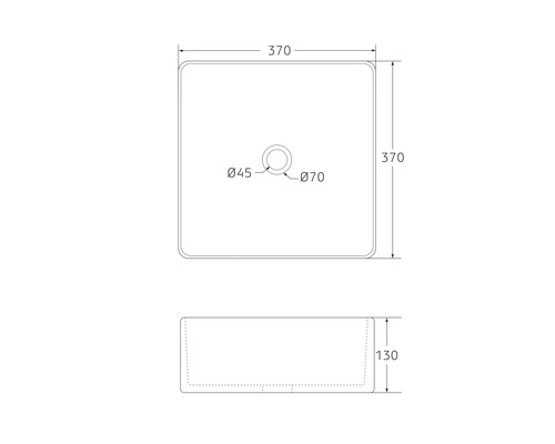 Technische Zeichnung eines Aufsatzwaschbeckens mit Maßangaben