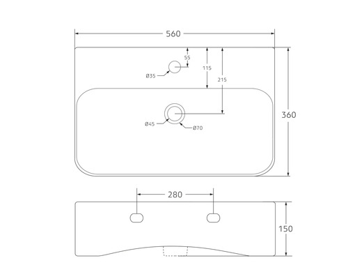 Schéma technique d''un lavabo avec indications de mesure