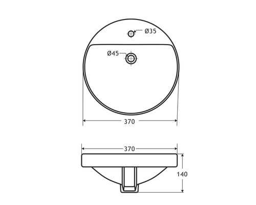 Zeichnung eines Aufsatzwaschbeckens mit Maßangaben