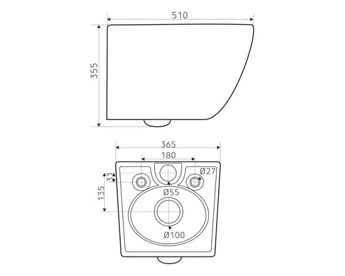 Schéma technique d''un WC suspendu avec indication des dimensions