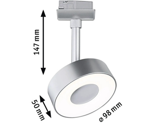 LED-Strahler für Stromschienenmontage, Maße 147 mm Höhe, 50 mm Tiefe, 98 mm Durchmesser