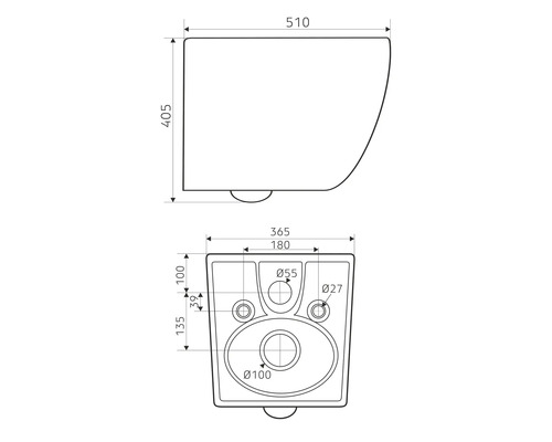 Technische Zeichnung eines Wand-WCs mit Maßangaben