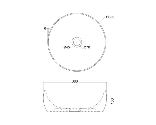Technische Zeichnung eines Aufsatzwaschbeckens mit Maßangaben