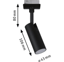 Dimensions d''un spot sur rail noir : 80 mm x 106 mm x diamètre 43 mm