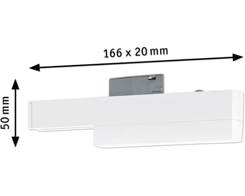 Abbildung der Abmessungen einer Leuchte: 166 x 20 Millimeter Breite, 50 Millimeter Höhe