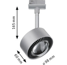 Projecteur sur rail avec des dimensions de 165 mm de hauteur, 60 mm de largeur et 98 mm de diamètre