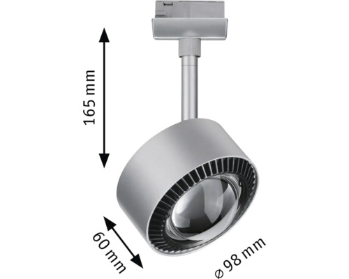 Schienenstrahler mit den Maßen 165 mm Höhe, 60 mm Breite und 98 mm Durchmesser