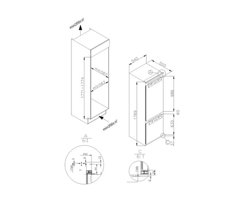 Schéma technique d''un réfrigérateur encastrable avec dimensions