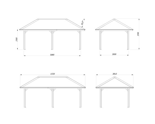 Schéma technique d''un pavillon avec indications de dimensions
