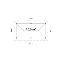 Grundriss mit Maßen von 588 mal 672 Zentimeter und 16,6 Quadratmeter