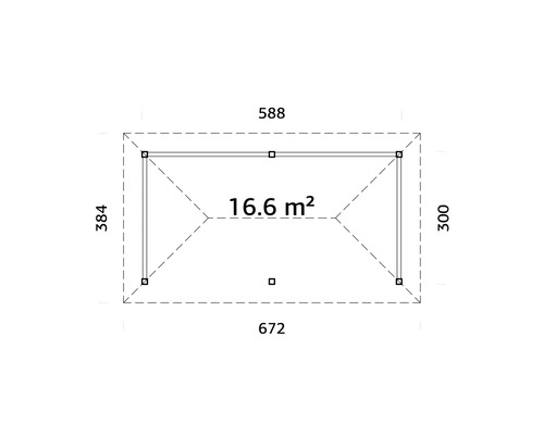 Grundriss mit Maßen von 588 mal 672 Zentimeter und 16,6 Quadratmeter
