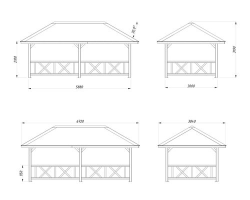 Dessin technique de différentes tonnelles de jardin avec indications de dimensions