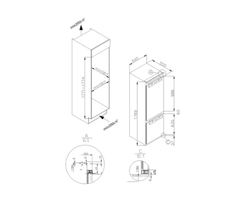 Dessin technique d''un réfrigérateur avec indications de taille