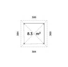 Grundriss mit Maßangaben: 8,3 Quadratmeter, 300 und 384 Zentimeter