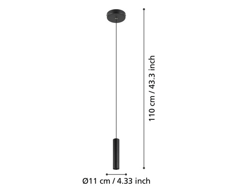 Image d''une suspension avec indication des dimensions : 110 cm de long, 11 cm de diamètre