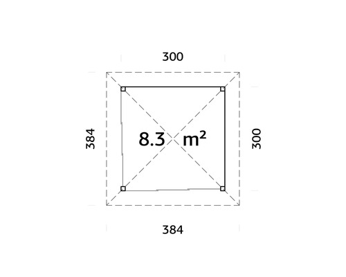 Grundriss mit einer Fläche von 8,3 Quadratmetern und Abmessungen von 300 mal 300 und 384 mal 384 Zentimetern