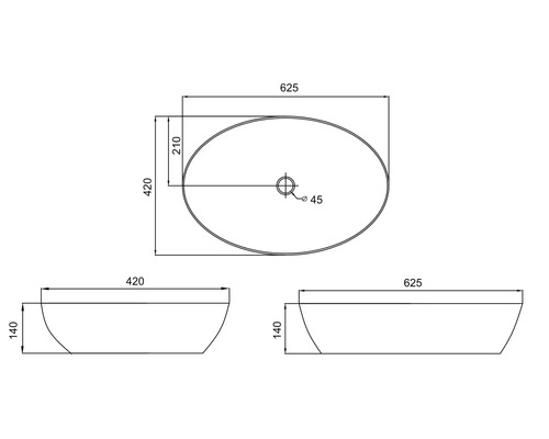 Dessin technique d''un lavabo à poser avec dimensions.