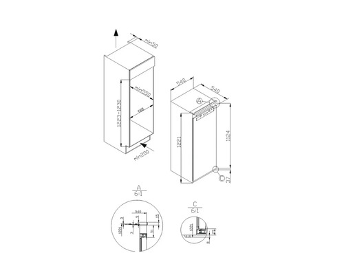 Technische Zeichnung eines Küchenschranks mit Maßen