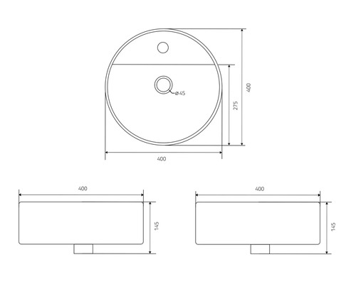 Technische Zeichnung eines Aufsatzwaschbeckens mit Abmessungen