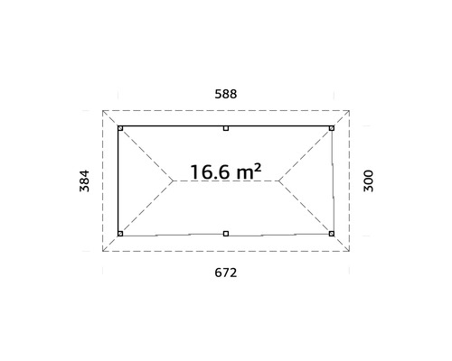 Plan avec les dimensions 672 sur 384 centimètres, la surface du toit est de 16.6 mètres carrés