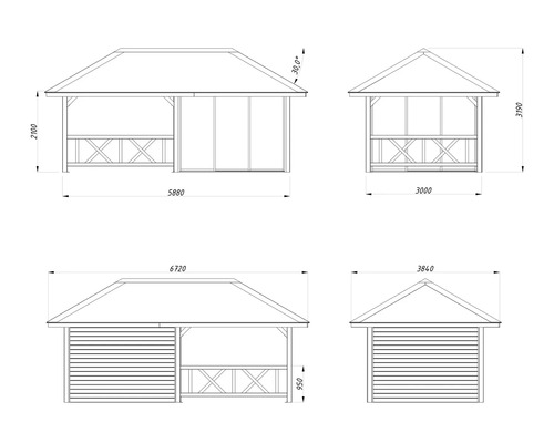 Dessin technique d''un pavillon avec indications de dimensions