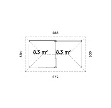 Grundriss eines Gartenhauses mit den Maßen 588 Zentimeter mal 672 Zentimeter