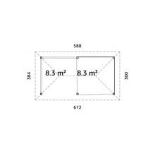 Grundriss eines Gartenhauses mit den Maßen 588 mal 672 Zentimeter und einer Fläche von 8,3 Quadratmetern