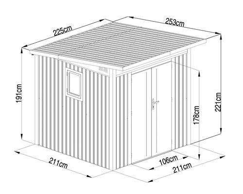 Technische Zeichnung eines Gerätehauses mit Maßangaben
