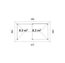 Grundrisszeichnung mit Abmessungen eines Hauses: 588 Zentimeter mal 672 Zentimeter, Raumflächen von jeweils 8,3 Quadratmetern.