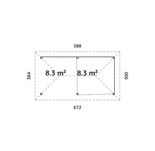 Plan d''un abri de jardin mesurant 672 x 384 x 588 x 300 centimètres et d''une superficie de 8,3 mètres carrés