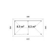 Plan avec dimensions : 672 x 384 cm et 588 x 300 cm, soit 8,3 mètres carrés chacun