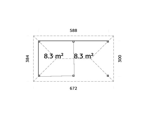 Plan avec dimensions : 672 x 384 cm et 588 x 300 cm, soit 8,3 mètres carrés chacun