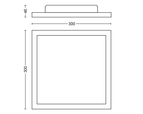 Dessin technique d''un plafonnier carré avec indications de dimensions.
