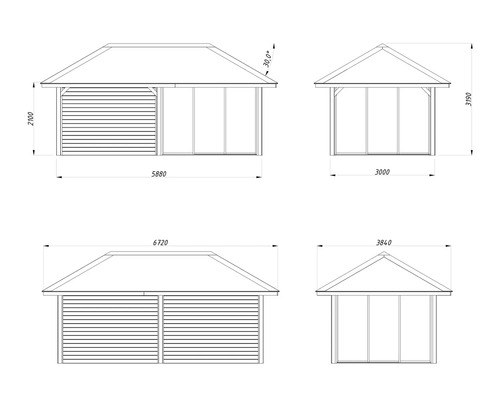 Schéma d''un pavillon de jardin avec indications de dimensions