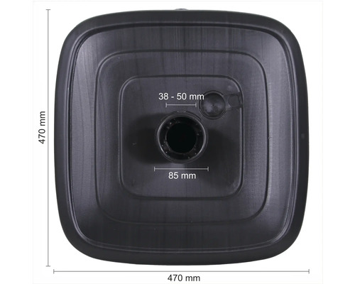 Quadratischer Sonnenschirmständer aus Kunststoff mit Maßangaben