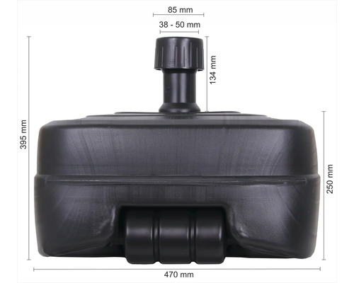 Schwarzer Boxsack-Standfuß mit Maßangaben.