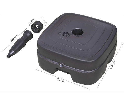 Quadratischer Schirmständer aus Kunststoff mit Adapter und Schraubverschluss zur Befestigung eines Sonnenschirms