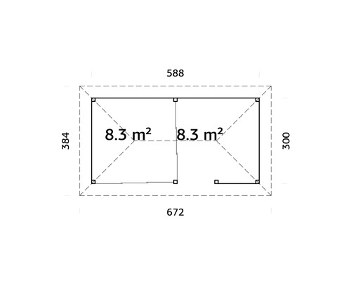 Grundrisszeichnung eines Gartenhauses mit Maßangaben