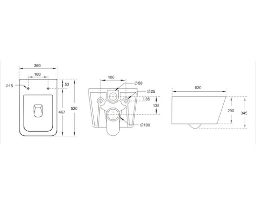Schéma technique d''un WC suspendu avec dimensions
