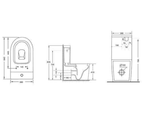 Schéma technique d''un WC sur pied avec dimensions