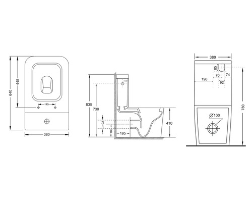 Technische Zeichnung eines Stand WCs mit Maßen.