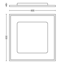 Dessin technique d''un plafonnier carré aux coins arrondis, dimensions 600 x 600 mm