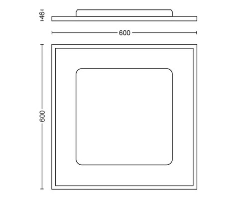 Dessin technique d''un plafonnier carré aux coins arrondis, dimensions 600 x 600 mm
