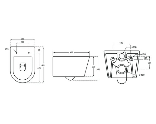 Technische Zeichnung eines Wand-WCs mit Maßangaben
