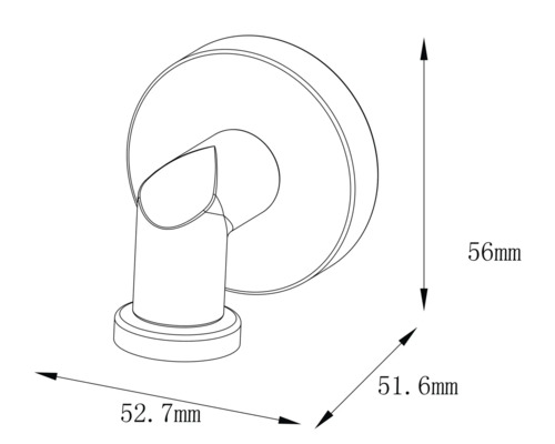 Dessin technique d''un support de douchette flexible avec dimensions : 56 mm de hauteur, 52,7 mm de longueur, 51,6 mm de profondeur.